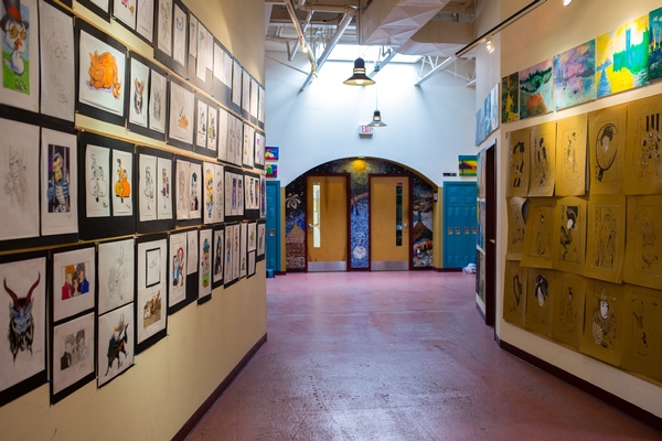 High School Hallway with Art