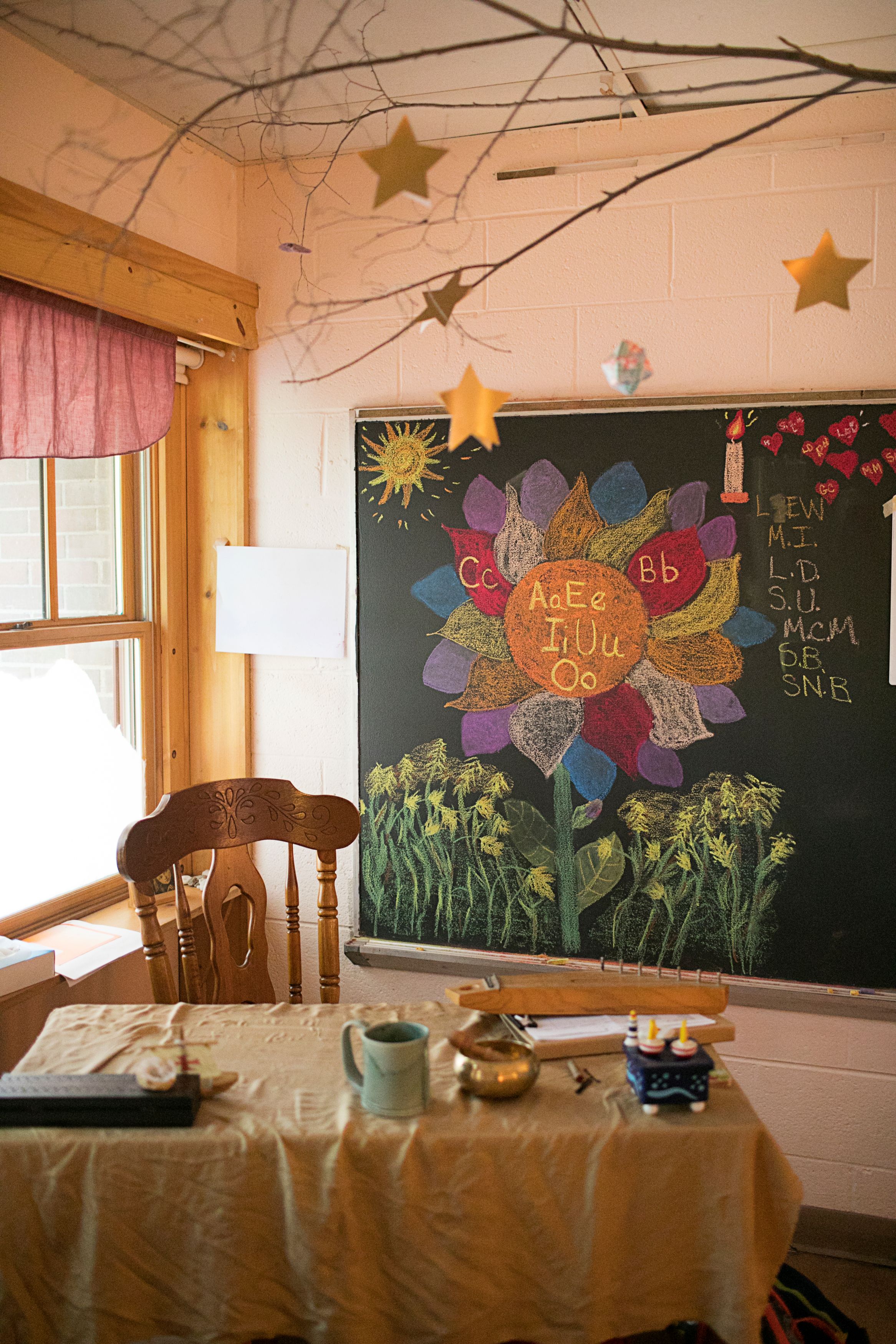 Kindergarten classroom desk and chalkboard